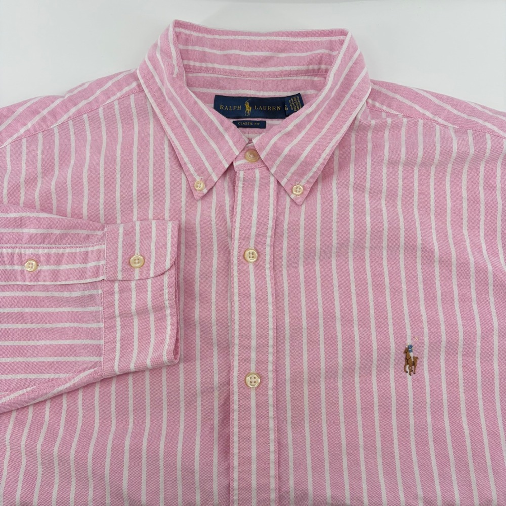 Ralph Lauren Mens XL Classic Fit Pink White Striped Oxford Button Down Shirt